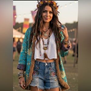 The Find Elegant Teal Gold Brocade Blazer smoking whimsical bows trim jacket